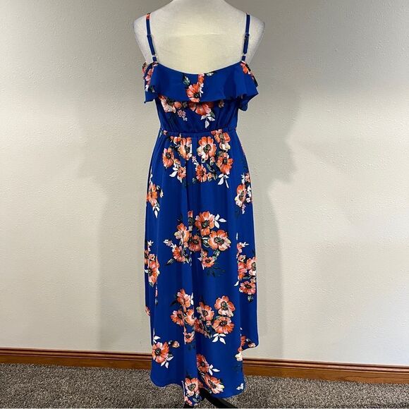 Floral Blue fake Wrap cold shoulder Dress with thin belt size small - Picture 6 of 13